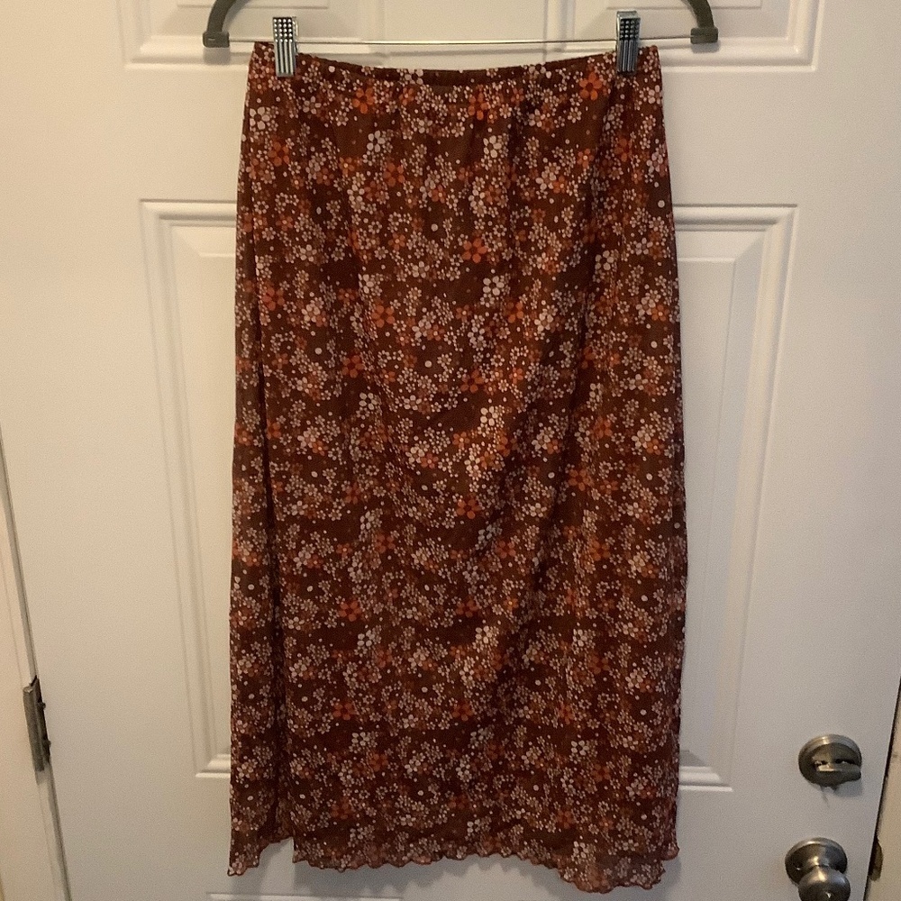 Y2K Earth Girl Floral Lettuce Hem Mesh Midi Skirt Sz M Brown/Orange